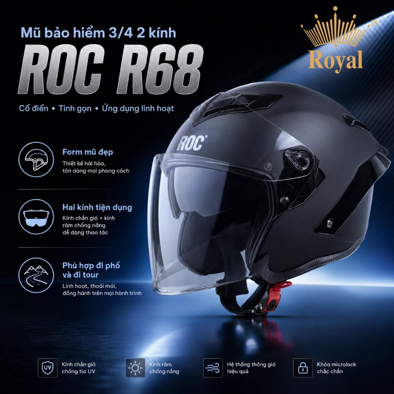 Top 5 mũ bảo hiểm thời trang 1/2, 3/4 và fullface nổi bật 6 Mũ bảo hiểm thười trang 3/4 ROC R68 hai kính