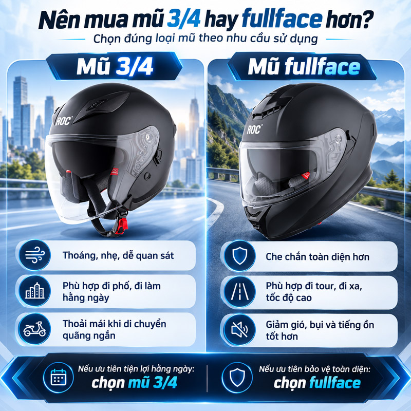 Nên mua mũ 3/4 hay fullface hơn