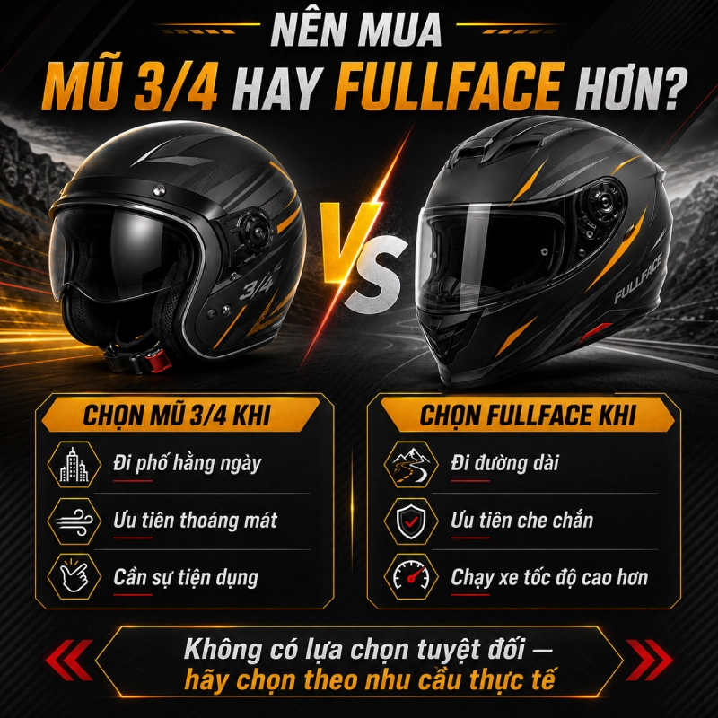 Nên mua mũ 3/4 hay fullface hơn 9 Nên mua mũ 3/4 hay fullface hơn?
