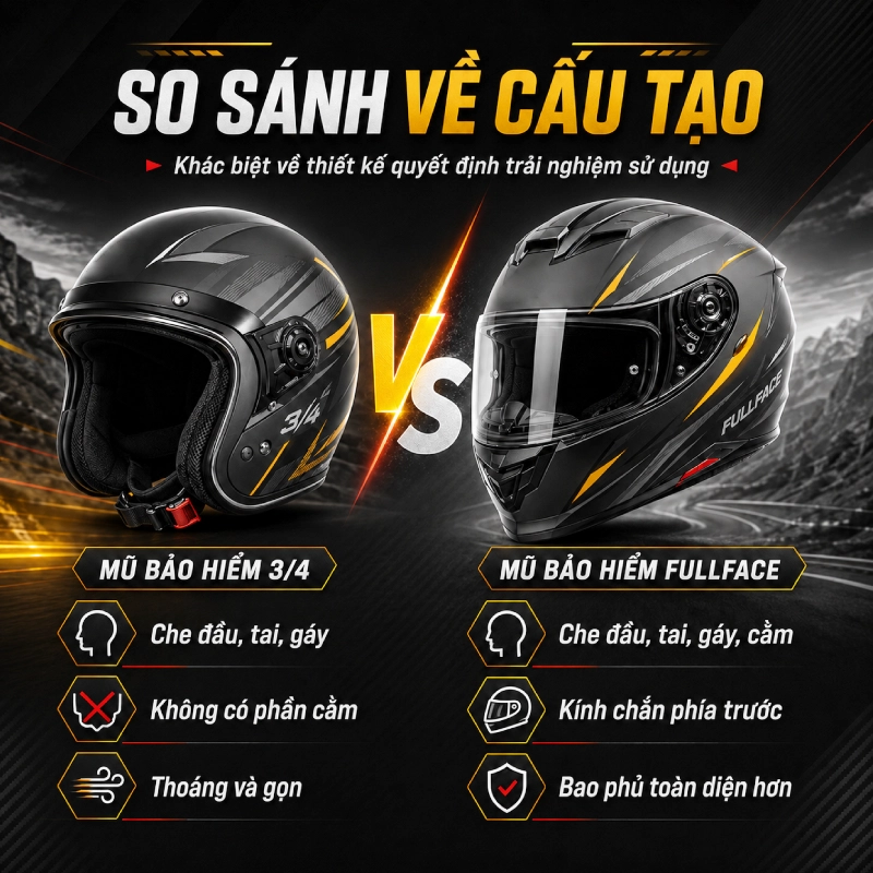 Nên mua mũ 3/4 hay fullface hơn 2 Nên mua mũ 3/4 hay fullface so sánh về cấu tạo