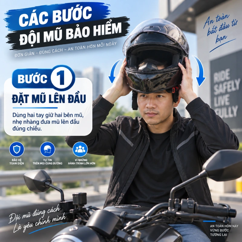 Cách đội mũ fullface: Bước 1 đưa mũ lên đầu