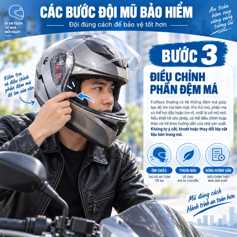 Bước 3 đội nón fullface: Điều chỉnh phần đệm má nếu thiết kế cho phép