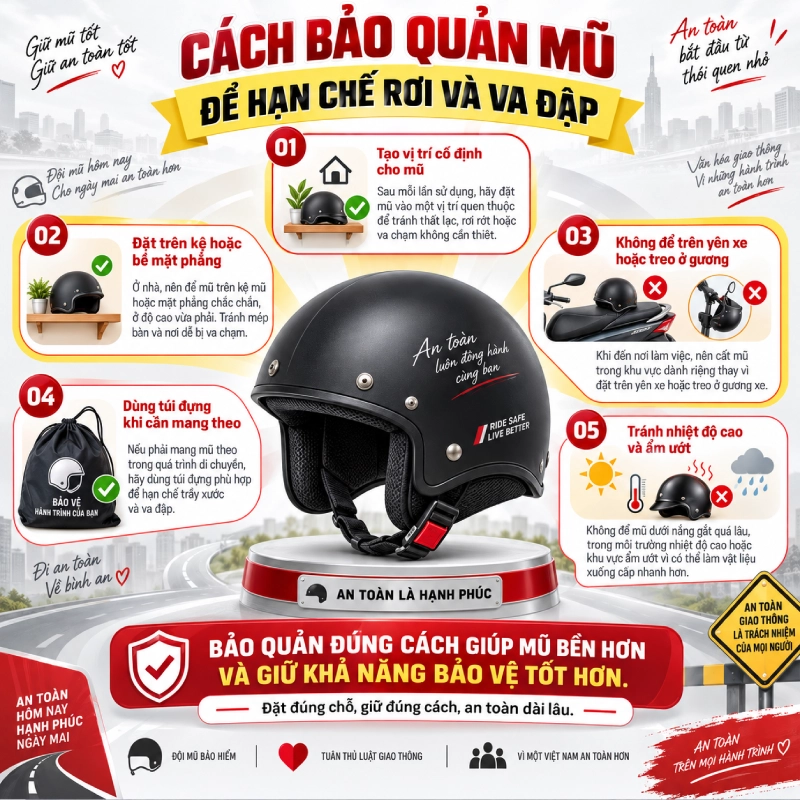 Mũ bảo hiểm bị rơi có dùng tiếp được không? 10 Cách bảo quản mũ để hạn chế rơi và va đập