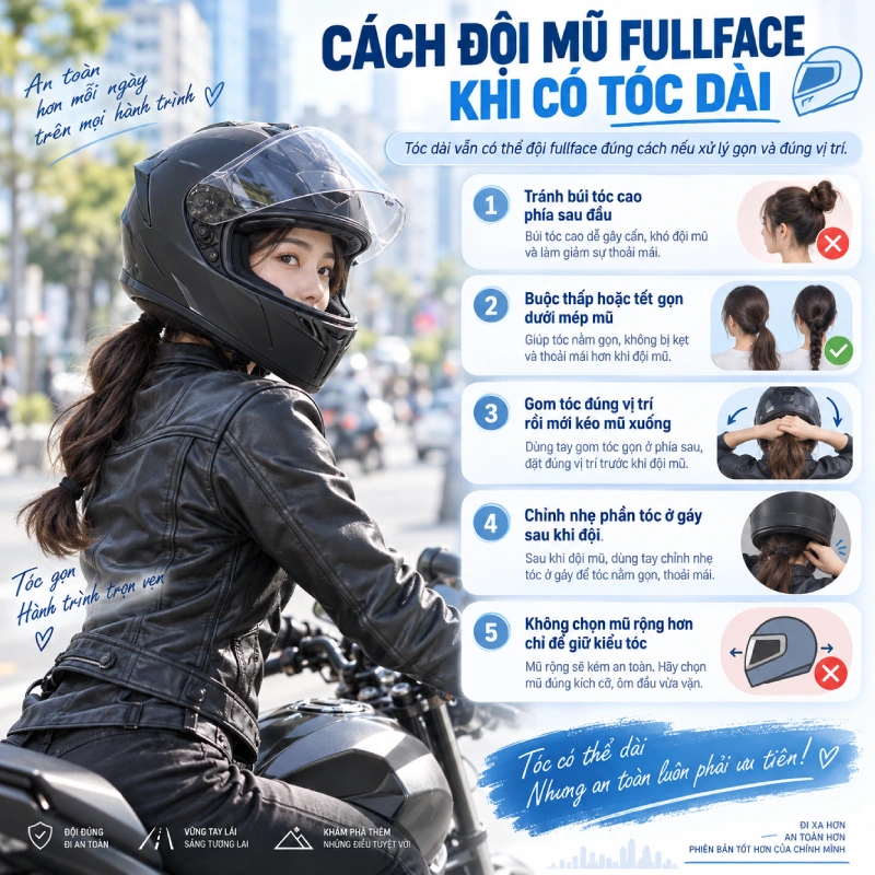 Cách đội mũ fullface khi có tóc dài
