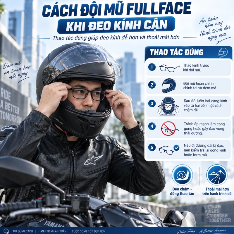 Cách đội mũ fullface khi đeo kính cận