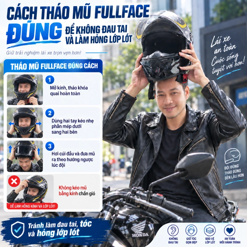 Cách tháo mũ fullface đúng để không đau tai và làm hỏng lớp lót