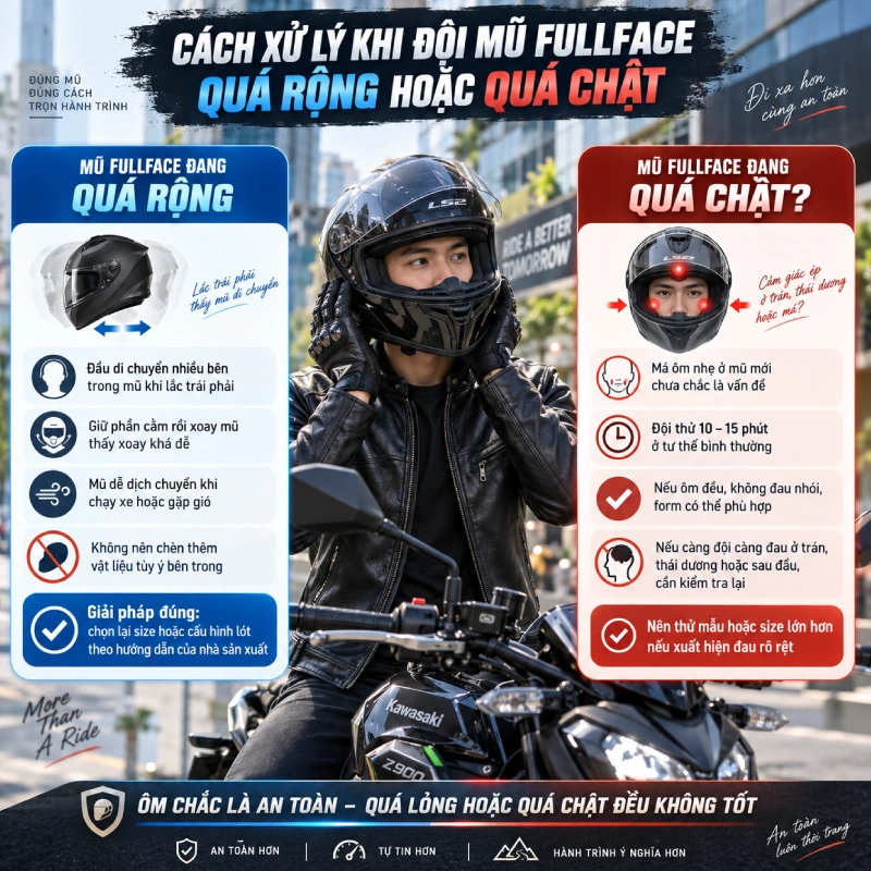 Cách xử lý khi đội nón fullface quá rộng hoặc quá chật