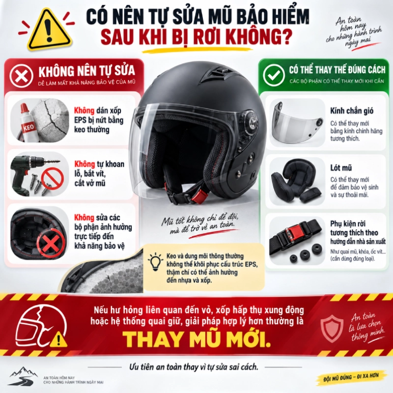 Mũ bảo hiểm bị rơi có dùng tiếp được không? 8 Có nên tự sửa mũ bảo hiểm sau khi bị rơi không?