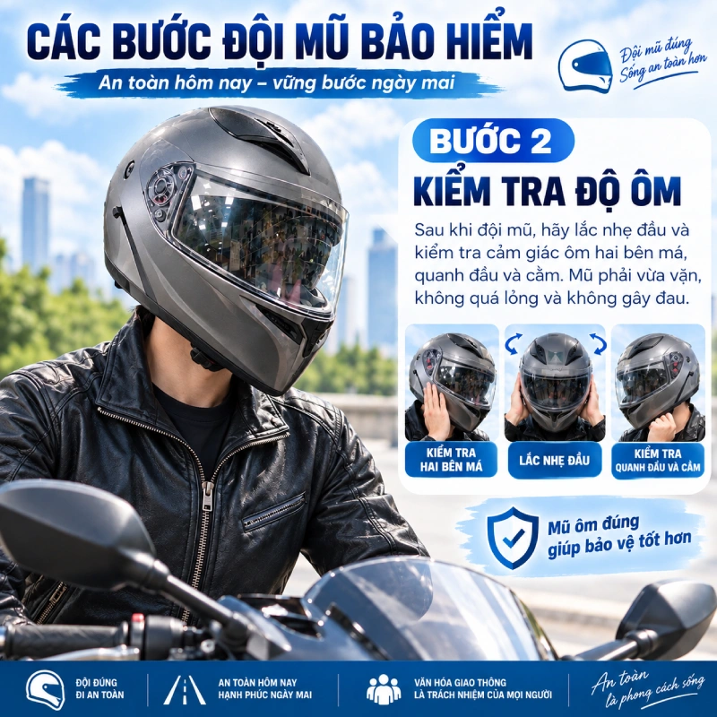 Bước 3 đội mũ fullface: Bước 2: Kiểm tra độ ôm của mũ