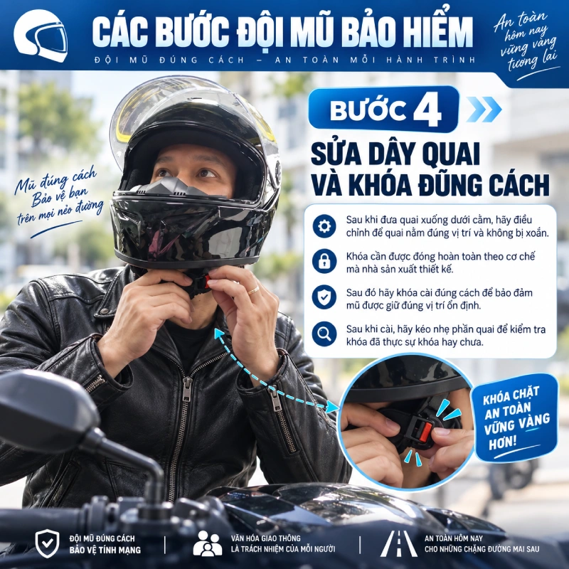 Bước 4: Đội mũ fullface: Sửa dây quai và khóa đúng cách