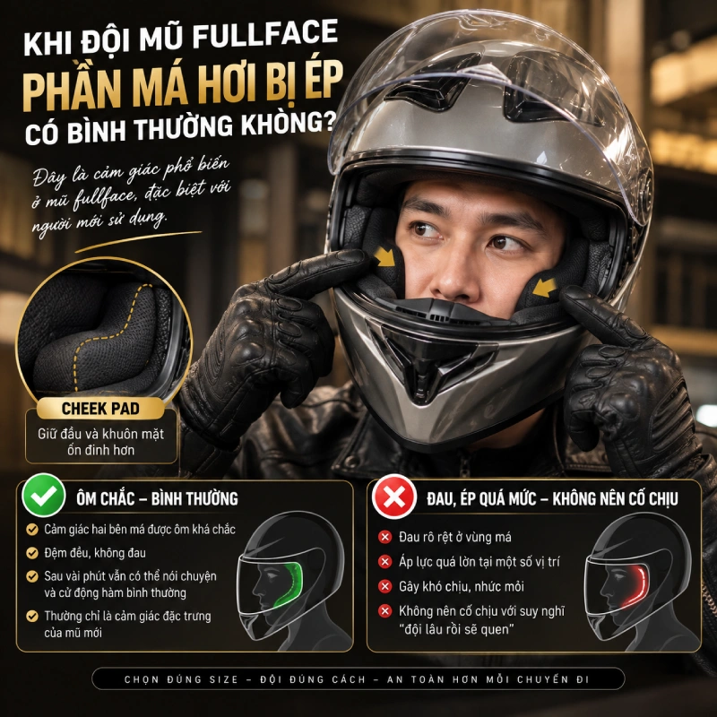 Khi đội mũ fullface, phần má hơi bị ép có bình thường không?