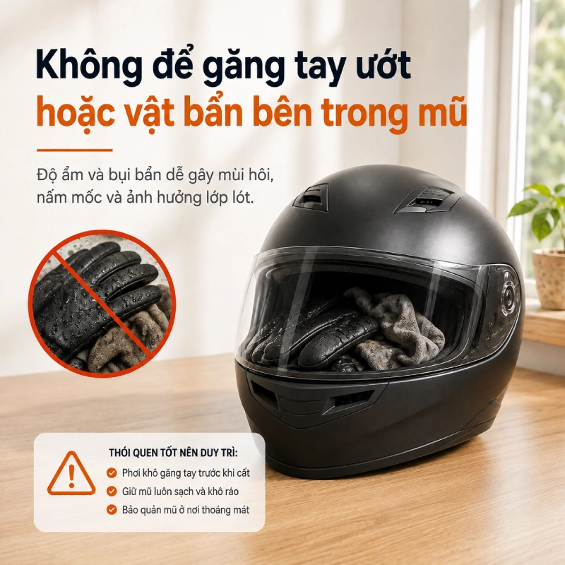 Không để găng tay ướt hoặc vật bẩn bên trong mũ
