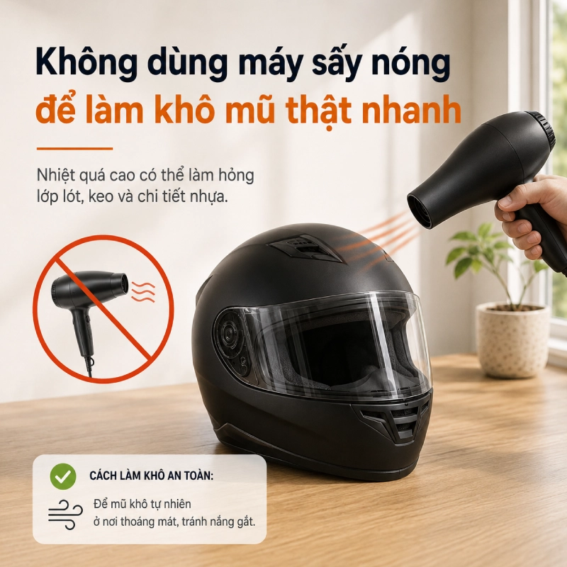 Không dùng máy sấy nóng để làm khô mũ thật nhanh
