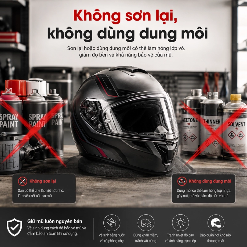 Không tự ý sơn lại hoặc sử dụng dung môi lên vỏ mũ