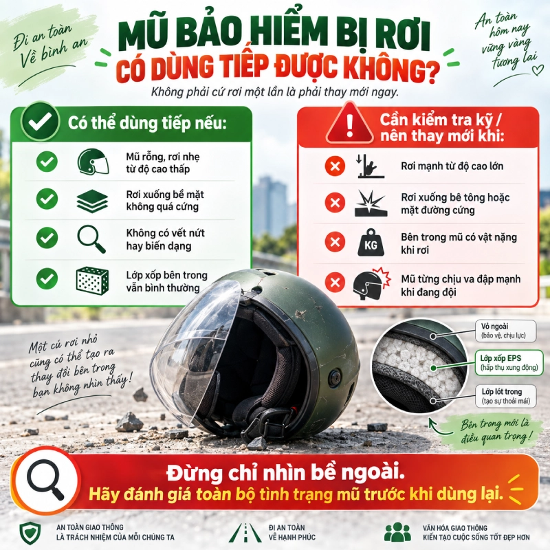 Mũ bảo hiểm bị rơi có dùng tiếp được không? 2 Mũ bảo hiểm bị rơi có dùng tiếp được không?