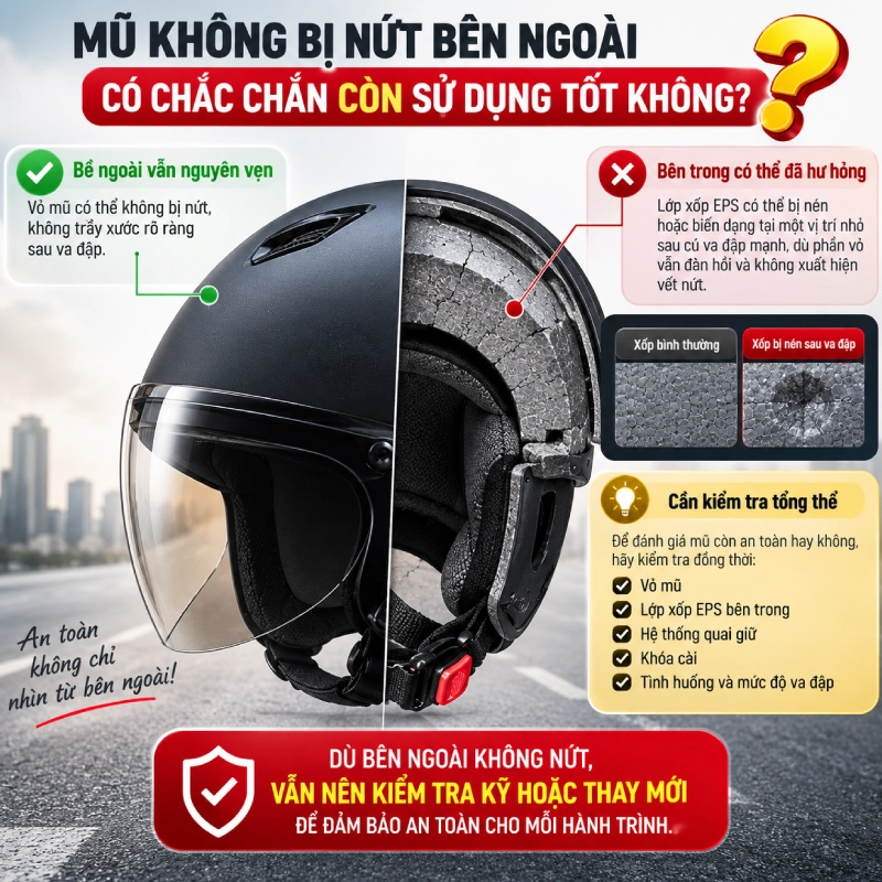 Mũ bảo hiểm bị rơi có dùng tiếp được không? 7 Mũ không bị nứt bên ngoài có chắc chắn còn sử dụng tốt không?