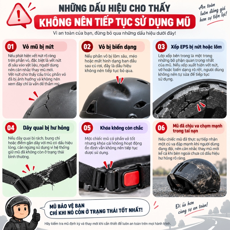Mũ bảo hiểm bị rơi có dùng tiếp được không? 6 Những dấu hiệu cho thấy không nên tiếp tục sử dụng mũ