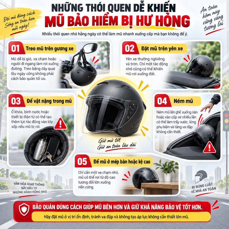 Mũ bảo hiểm bị rơi có dùng tiếp được không? 9 Những thói quen dễ khiến mũ bảo hiểm bị hư hỏng