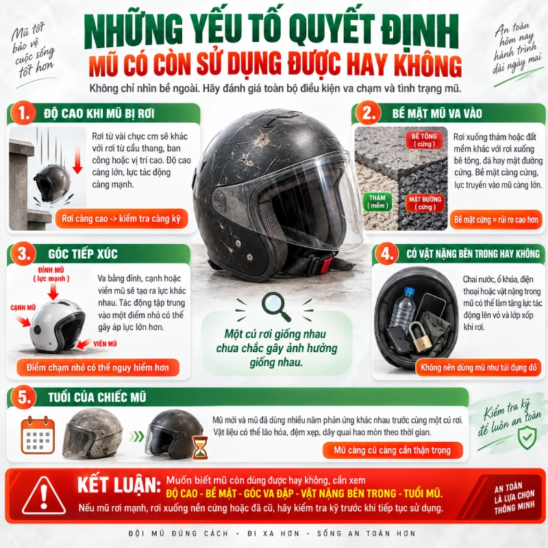 Mũ bảo hiểm bị rơi có dùng tiếp được không? 4 Những yếu tố quyết định mũ có còn sử dụng được hay không