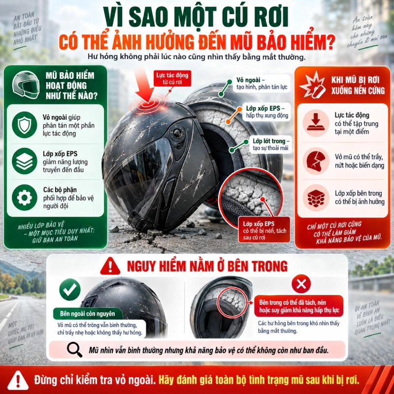 Mũ bảo hiểm bị rơi có dùng tiếp được không? 3 Vì sao một cú rơi có thể ảnh hưởng đến mũ bảo hiểm?