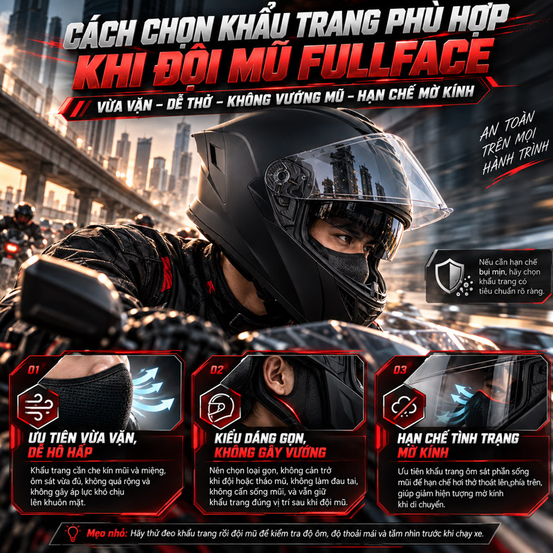 Giải đáp: Đội mũ fullface có cần đeo khẩu trang không? 6 Cách chọn khẩu trang phù hợp khi đội mũ fullface