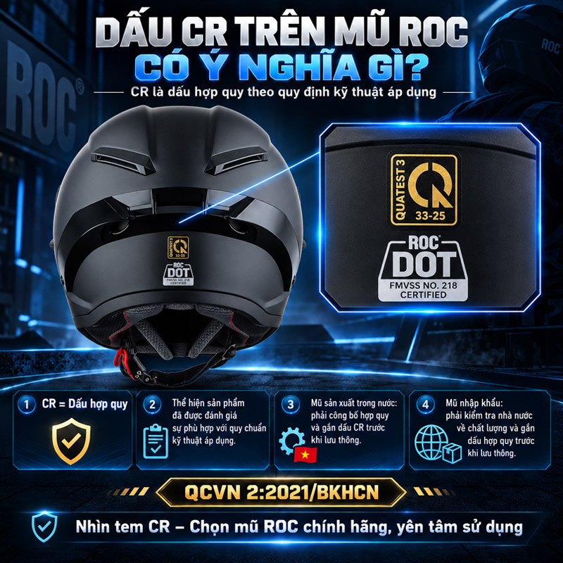 Giải đáp: Mũ bảo hiểm ROC có đạt chuẩn QCVN không? 8 Dấu CR trên mũ ROC có ý nghĩa gì?