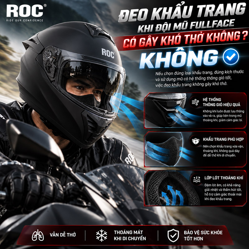 Giải đáp: Đội mũ fullface có cần đeo khẩu trang không? 5 Đeo khẩu trang khi đội mũ fullface có gây khó thở không?