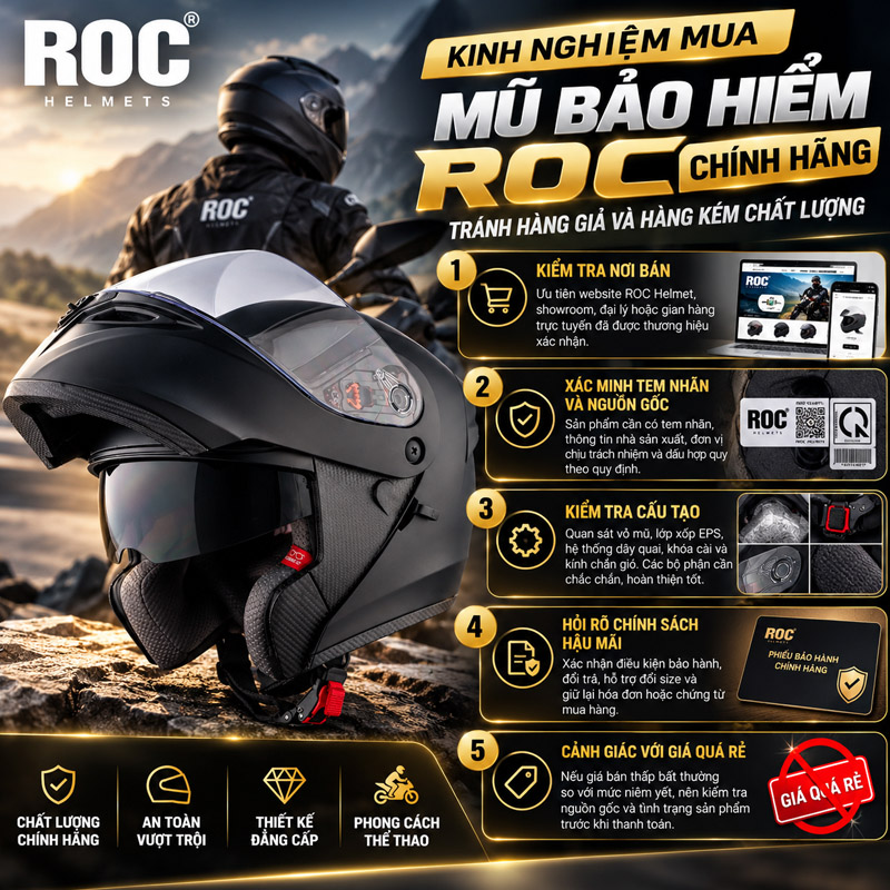 Mua mũ bảo hiểm ROC chính hãng ở đâu tốt? 6 Kinh nghiệm mua mũ bảo hiểm ROC chính hãng, tránh hàng giả và hàng kém chất lượng