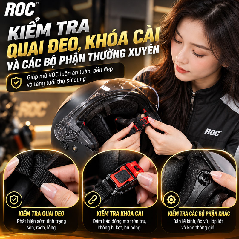 Kiểm tra quai đeo, khóa cài và các bộ phận thường xuyên