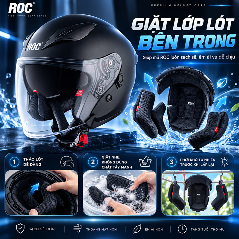 Giặt lớp lót bên trong để mũ ROC luôn sạch sẽ và dễ chịu