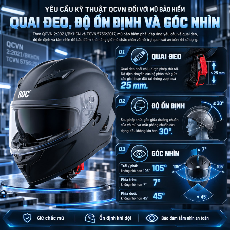 Giải đáp: Mũ bảo hiểm ROC có đạt chuẩn QCVN không? 6 Quai đeo, độ ổn định và góc nhìn